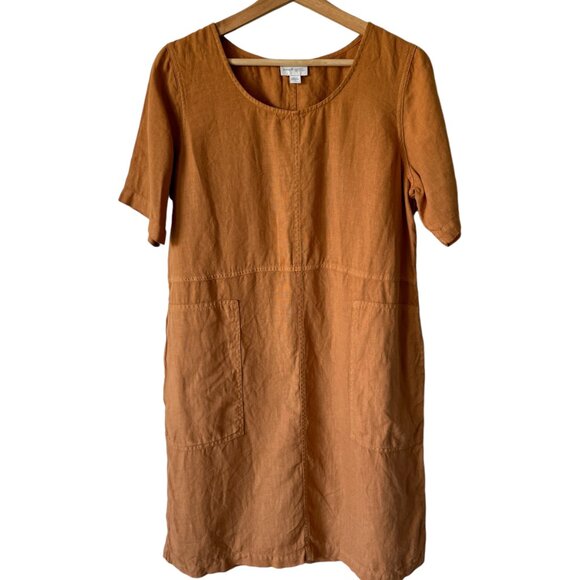 PureJill Orange Garment Dyed Linen Short Sleeve Shift Dress Pockets Lagenlook - Picture 1 of 16